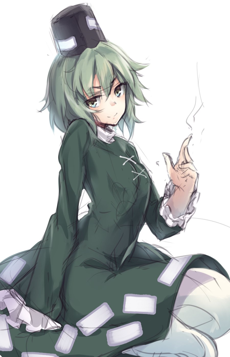 &gt;:) 1girl bangs closed_mouth dress eyebrows_visible_through_hair ghost_tail green_dress green_eyes green_hair hair_between_eyes hat highres long_sleeves looking_at_viewer short_hair simple_background soga_no_tojiko solo tate_eboshi touhou usotsuki_penta white_background