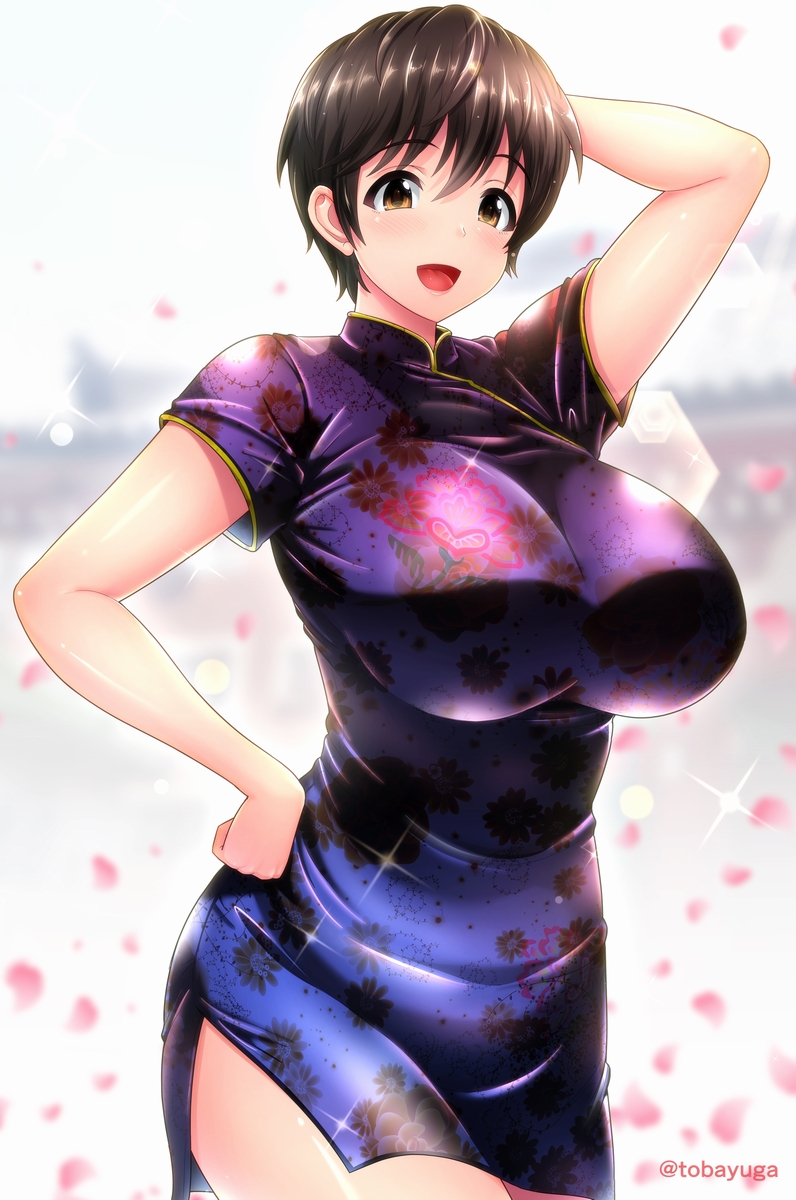 1girl alternate_costume bad_arm blue_sky blurry blurry_background blush breasts brown_eyes brown_hair building china_dress chinese_clothes cowboy_shot day dress hand_in_hair hand_on_hip highres huge_breasts idolmaster idolmaster_cinderella_girls lens_flare looking_at_viewer oikawa_shizuku open_mouth outdoors petals purple_dress reflective_eyes shiny shiny_clothes shiny_hair shiny_skin short_dress short_hair short_sleeves side_slit sky smile solo sparkle standing sunlight twitter_username umasan