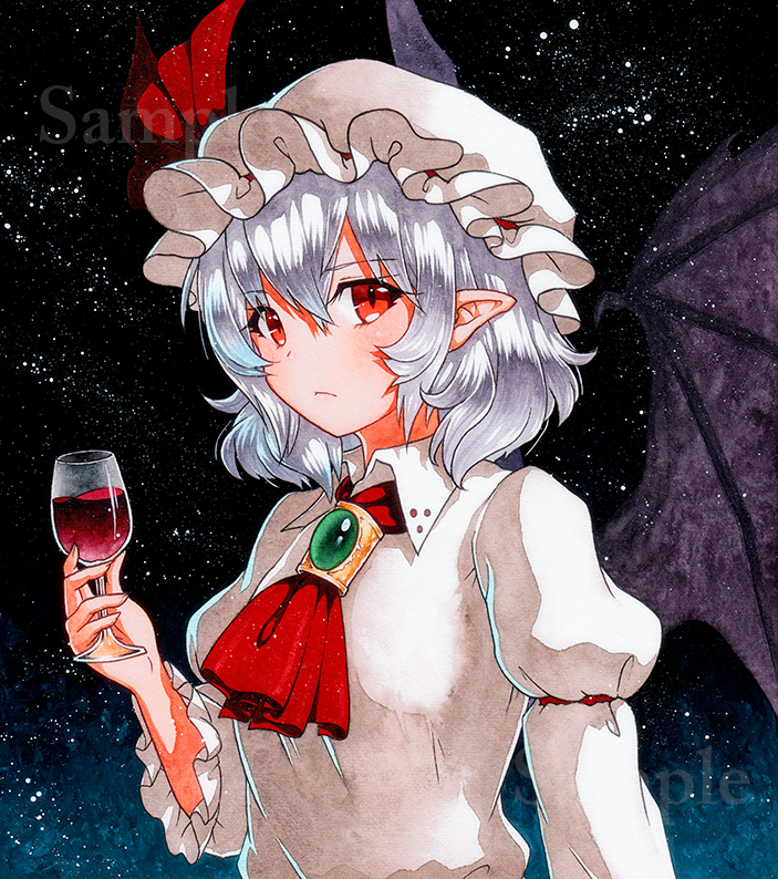 1girl ascot bangs bat_wings bow brooch closed_mouth cup drinking_glass expressionless eyebrows_visible_through_hair hair_between_eyes hat hat_bow holding jewelry juliet_sleeves long_sleeves looking_at_viewer mob_cap pointy_ears puffy_sleeves qqqrinkappp red_bow red_eyes remilia_scarlet sample short_hair silver_hair solo touhou traditional_media upper_body white_hat wine_glass wings