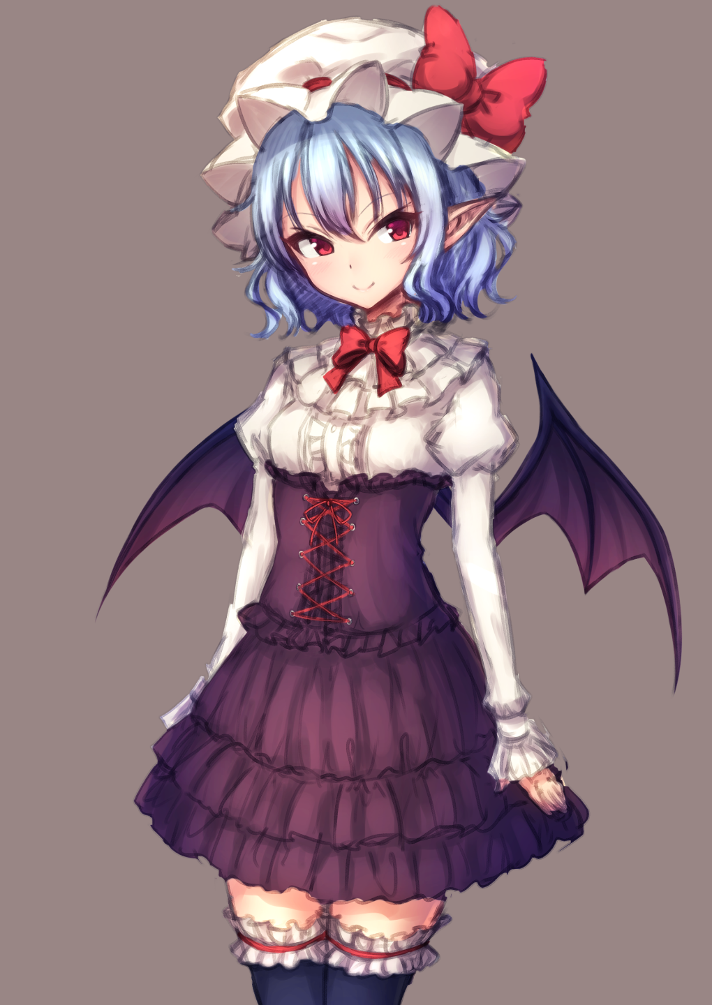 &gt;:) 1girl alternate_costume arms_at_sides bat_wings black_legwear black_wings blue_hair blush bow bowtie center_frills closed_mouth corset cowboy_shot hat hat_bow highres juliet_sleeves junior27016 layered_skirt leg_garter legs_together long_sleeves looking_at_viewer mob_cap puffy_sleeves purple_skirt red_bow red_bowtie red_eyes remilia_scarlet shirt short_hair simple_background skirt solo standing thigh-highs touhou tsurime white_hat white_shirt wings zettai_ryouiki