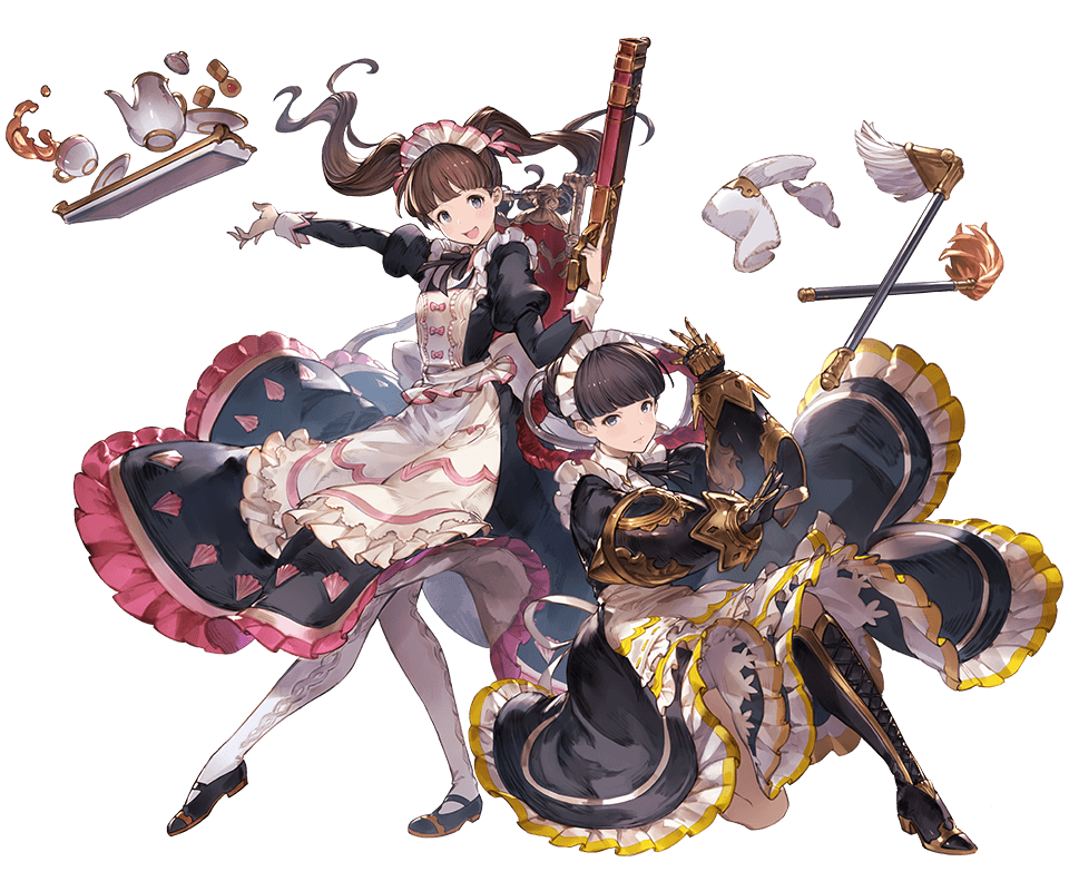 2girls apron boots brown_hair claudia_(granblue_fantasy) cross-laced_footwear cup dorothy_(granblue_fantasy) dress flamethrower full_body gauntlets granblue_fantasy hair_bun holding juliet_sleeves kneeling lace-up_boots lavender_eyes long_hair long_sleeves looking_at_viewer maid maid_apron maid_headdress mary_janes minaba_hideo multiple_girls official_art open_mouth pantyhose pastry puffy_long_sleeves puffy_sleeves shoes short_hair smile teacup teapot thigh-highs transparent_background twintails underbust weapon white_apron white_legwear