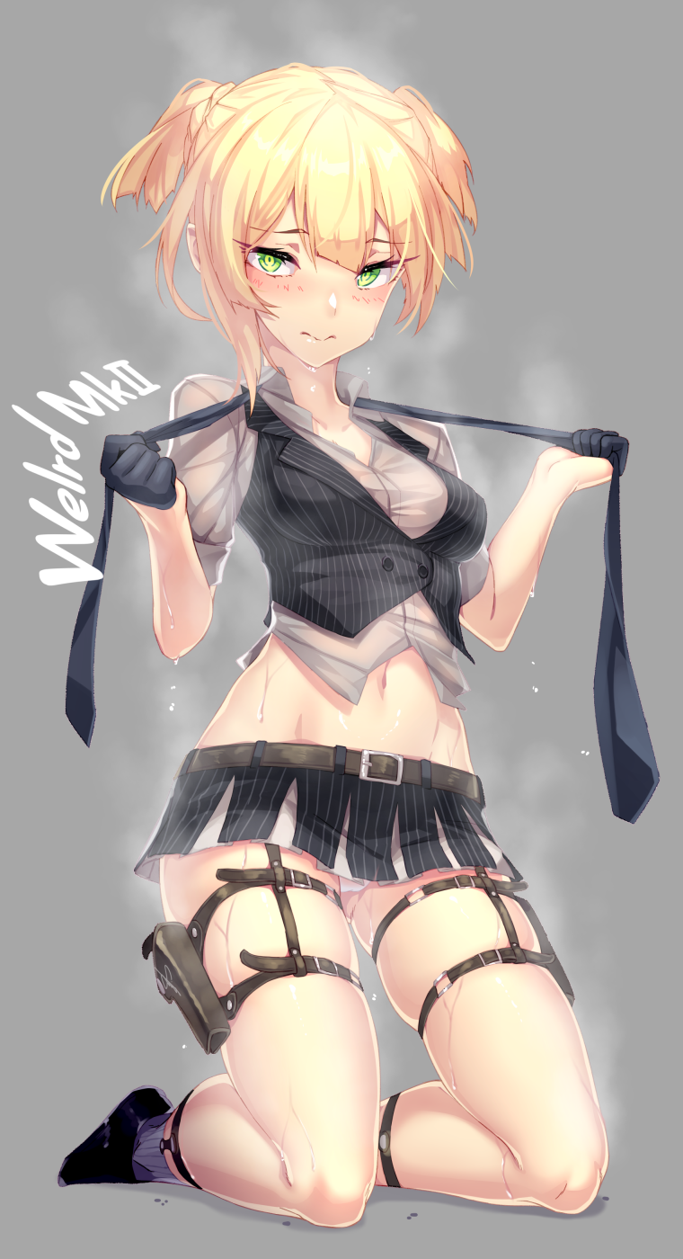 1girl asymmetrical_hair bangs blonde_hair blush character_name closed_mouth dev eyebrows_visible_through_hair full_body girls_frontline grey_background hands_up highres kneeling looking_at_viewer short_twintails simple_background solo twintails welrod_mk2_(girls_frontline)