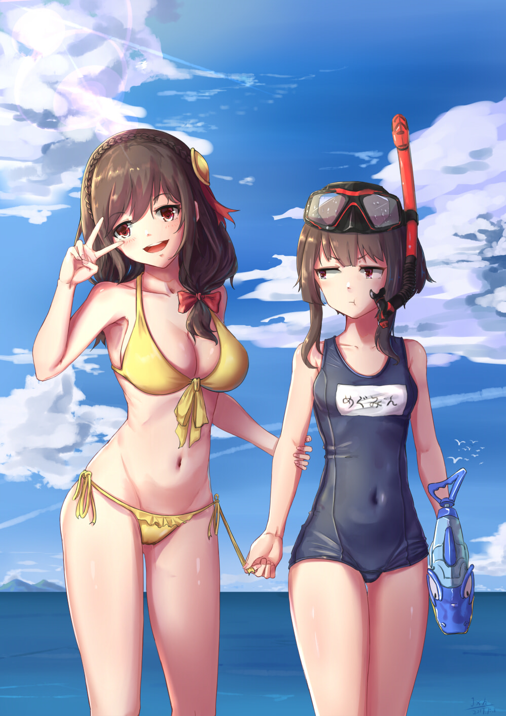 &gt;:t 2girls :d :t arm_grab artist_name bikini blush bow braid breasts brown_hair character_name closed_mouth clouds covered_navel day gluteal_fold goggles goggles_on_head hair_bow head_tilt highres holding j.xh kono_subarashii_sekai_ni_shukufuku_wo! large_breasts lens_flare long_hair looking_at_another megumin multiple_girls navel one-piece_swimsuit open_mouth outdoors red_bow red_eyes school_swimsuit short_hair_with_long_locks side-tie_bikini signature sky small_breasts smile snorkel standing swimsuit thigh_gap v_over_eye water water_gun yellow_bikini yunyun_(konosuba)