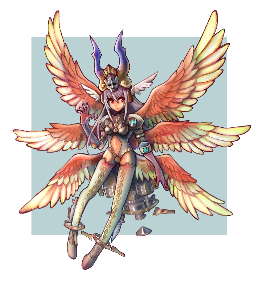 &gt;:/ 1girl :/ angel_wings anklet argyle argyle_legwear bangs black_leotard blue_background breasts closed_mouth cosplay crotch_plate elbow_gloves eyebrows_visible_through_hair facing_viewer feathered_wings feathers final_fantasy final_fantasy_tactics final_fantasy_tactics_advance final_fantasy_xii floating flying full_body gloves gradient_clothes gradient_legwear green_legwear green_wings hair_between_eyes hat head_wings horns jewelry legs legs_apart leotard long_hair long_legs looking_away looking_to_the_side low_wings midriff multicolored multicolored_background multicolored_clothes multicolored_legwear multicolored_wings multiple_wings namesake navel_cutout oomasa_teikoku purple_legwear red_eyes red_gloves red_legwear red_wings sidelocks silver_hair small_breasts solo straight_hair thigh-highs two-tone_background ultima_(fft) ultima_(ffta) ultima_(ffta)_(cosplay) white_background white_wings wings yellow_hat zettai_ryouiki