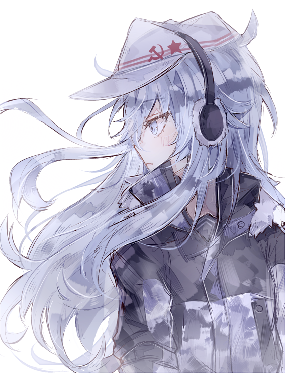 1girl blue_eyes blush earmuffs eyebrows_visible_through_hair hammer_and_sickle hat hibiki_(kantai_collection) kantai_collection kvlen long_hair looking_to_the_side parted_lips silver_hair solo upper_body verniy_(kantai_collection) white_hat