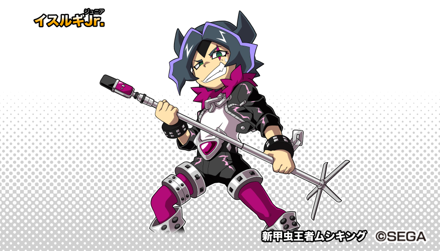 1boy belt black_hair black_jacket black_shorts character_name character_sheet clenched_teeth cropped_jacket electric_guitar fangs fur_trim green_eyes grey_background guitar halftone halftone_background instrument isurugi_jr. jacket male_focus microphone microphone_stand multicolored_hair mushiking official_art pantyhose purple_legwear shirataki short_hair short_sleeves shorts simple_background solo streaked_hair sweatdrop teeth watermark white_background