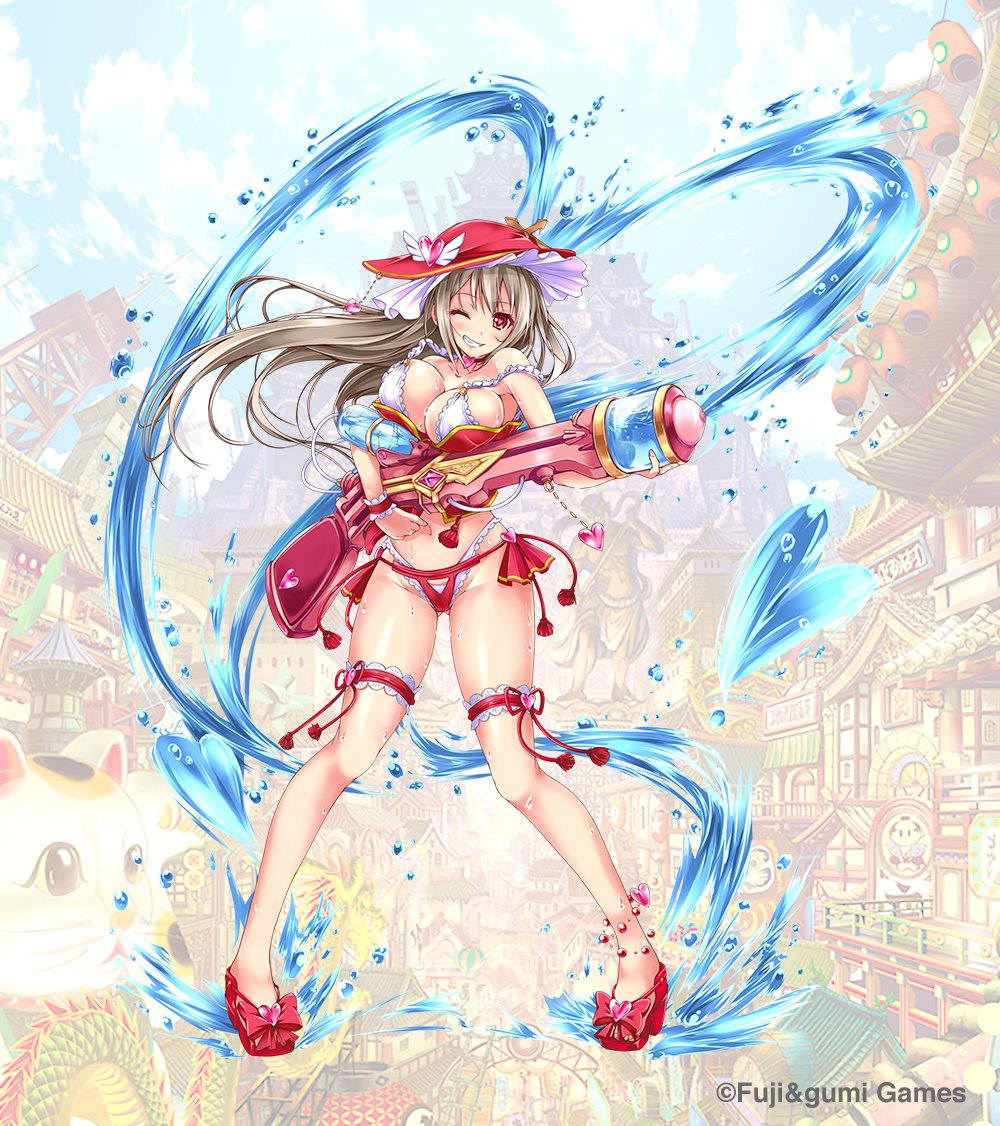 architecture background bikini breasts choker company_name east_asian_architecture frilled_bikini frills hat heart heart-shaped_pupils highleg highleg_bikini lantern large_breasts legband long_hair maria_(shinobi_nightmare) paper_lantern red_eyes sandals shinobi_nightmare silver_hair summer_festival swimsuit symbol-shaped_pupils water water_gun