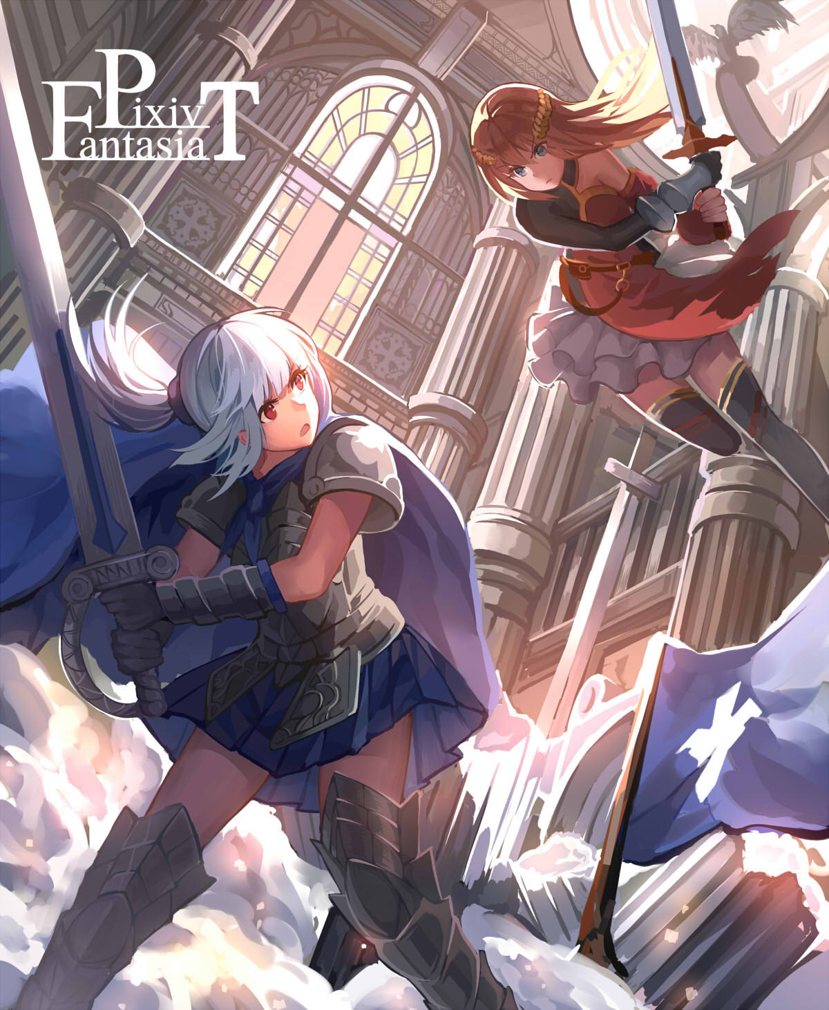 2girls armor armored_boots bangs bare_shoulders black_legwear blue_eyes boots cape copyright_name eye_contact eyebrows_visible_through_hair fighting_stance gauntlets highres holding holding_sword holding_weapon hunxiao_xingshuang leggings long_hair looking_at_another miniskirt multiple_girls open_mouth original pillar pixiv_fantasia pixiv_fantasia_1 pixiv_fantasia_t plate_armor ponytail red_eyes redhead skirt sword thigh-highs tongue weapon white_hair zettai_ryouiki
