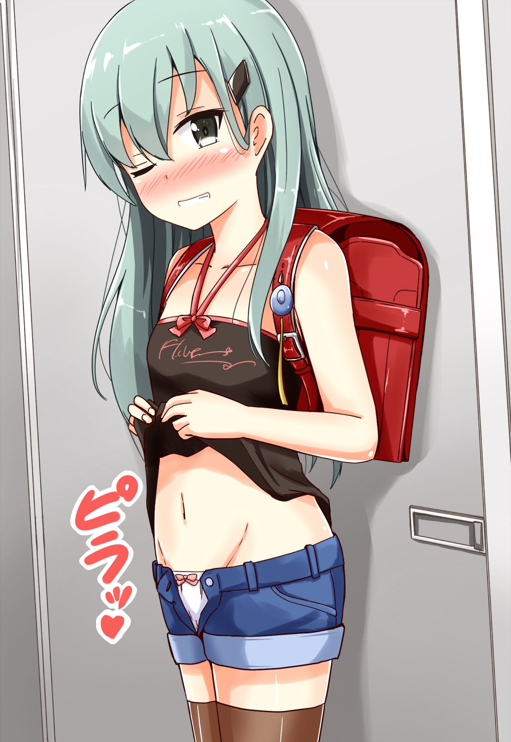 1girl aikawa_ryou alternate_breast_size backpack bag blue_shorts blush brown_hair flat_chest green_eyes green_hair grin groin heart highres kantai_collection long_hair one_eye_closed panties randoseru shorts smile solo suzuya_(kantai_collection) thigh-highs underwear white_panties