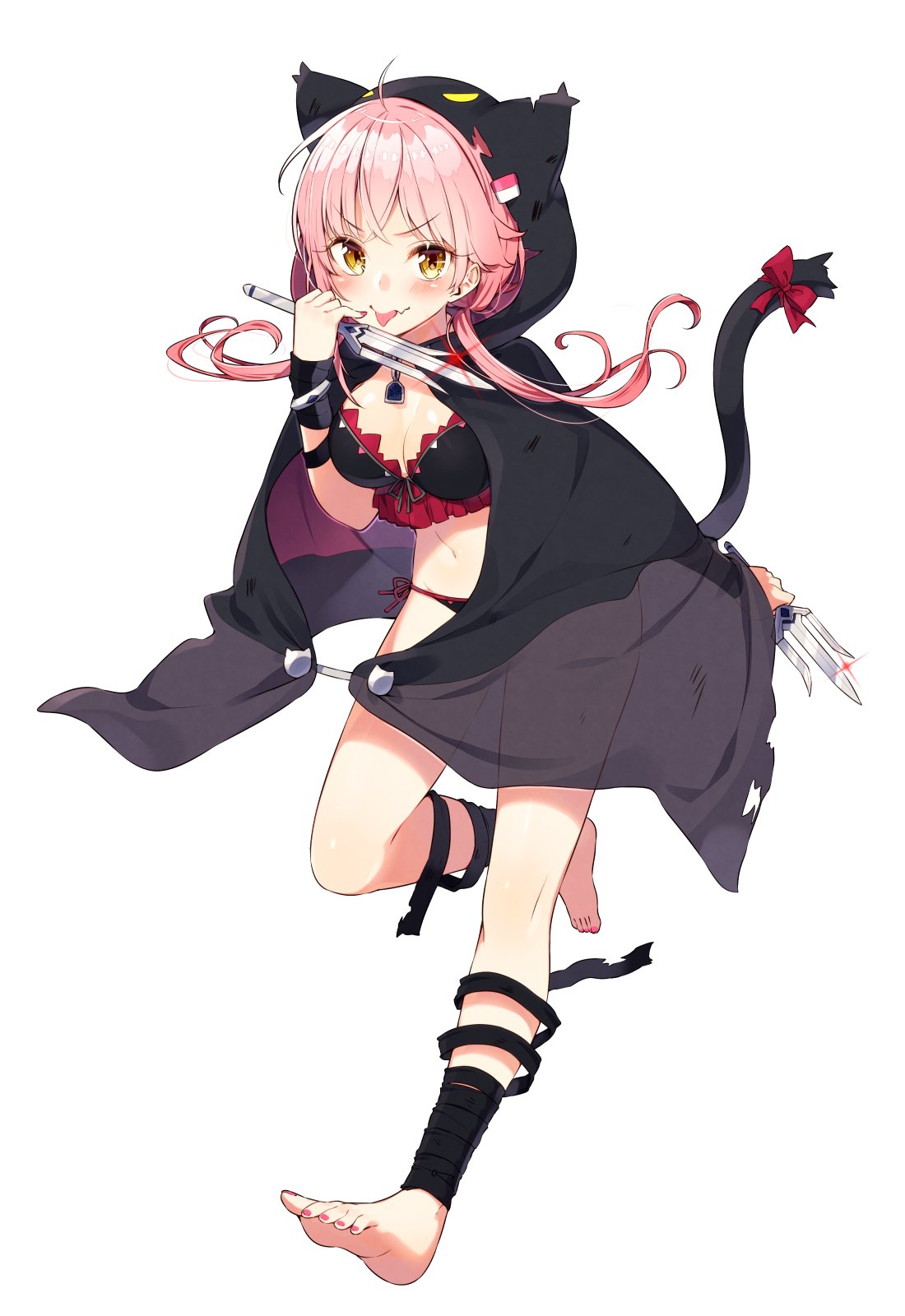 1girl :p animal_ears bandage barefoot bikini cape cat_ears cat_tail cloak dagger dual_wielding highres holding holding_weapon original pin_hair sakuragi_ren swimsuit tail tongue tongue_out weapon