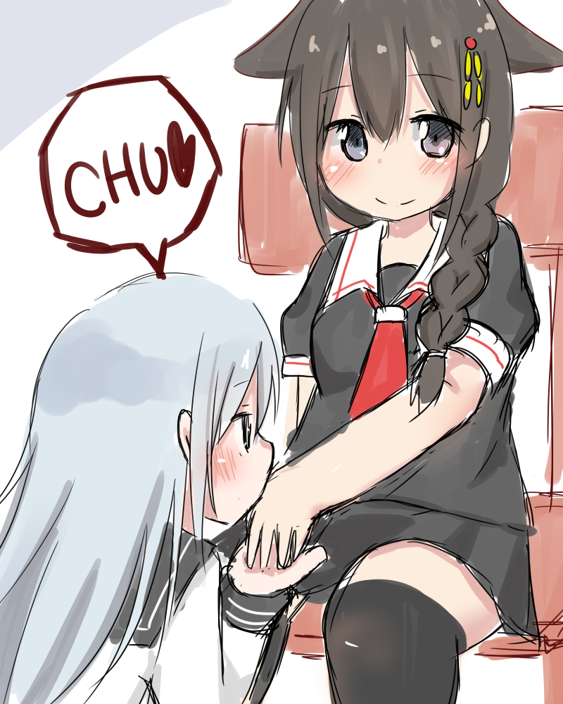 2girls black_legwear blue_eyes blush braid brown_hair chair hair_flaps hair_ornament hand_kiss heart hibiki_(kantai_collection) holding holding_hand kantai_collection kiss long_hair long_sleeves looking_at_another mugicha_(mugitya912) multiple_girls neckerchief no_gloves no_hat no_headwear no_mouth onomatopoeia red_neckerchief remodel_(kantai_collection) school_uniform serafuku shigure_(kantai_collection) short_sleeves side_braid silver_hair sitting sitting_on_object thigh-highs yuri