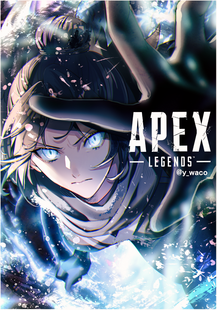 1girl apex_legends black_bodysuit black_gloves black_hair blue_eyes bodysuit breasts clenched_hand copyright_name from_above gloves logo looking_up medium_breasts open_hand portal_(object) solo v-shaped_eyebrows wako_(level5) wraith_(apex_legends)