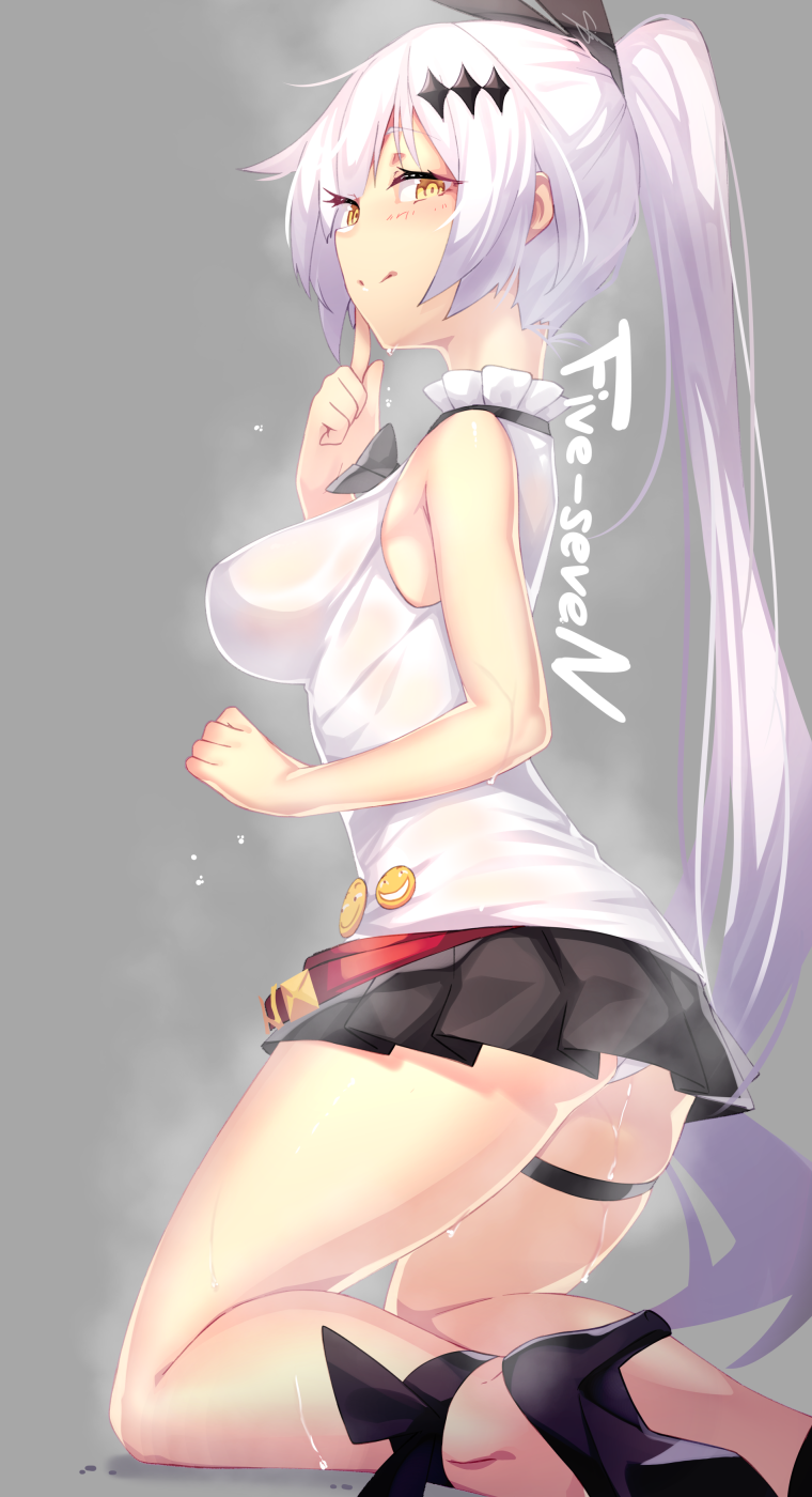 1girl bangs black_skirt blush breasts closed_mouth dev dripping five-seven_(girls_frontline) girls_frontline highres hot kneeling medium_breasts miniskirt pleated_skirt ponytail sideboob sidelocks skirt smile sweat sweat_stain sweating thigh_strap wet_clothes white_hair yellow_eyes