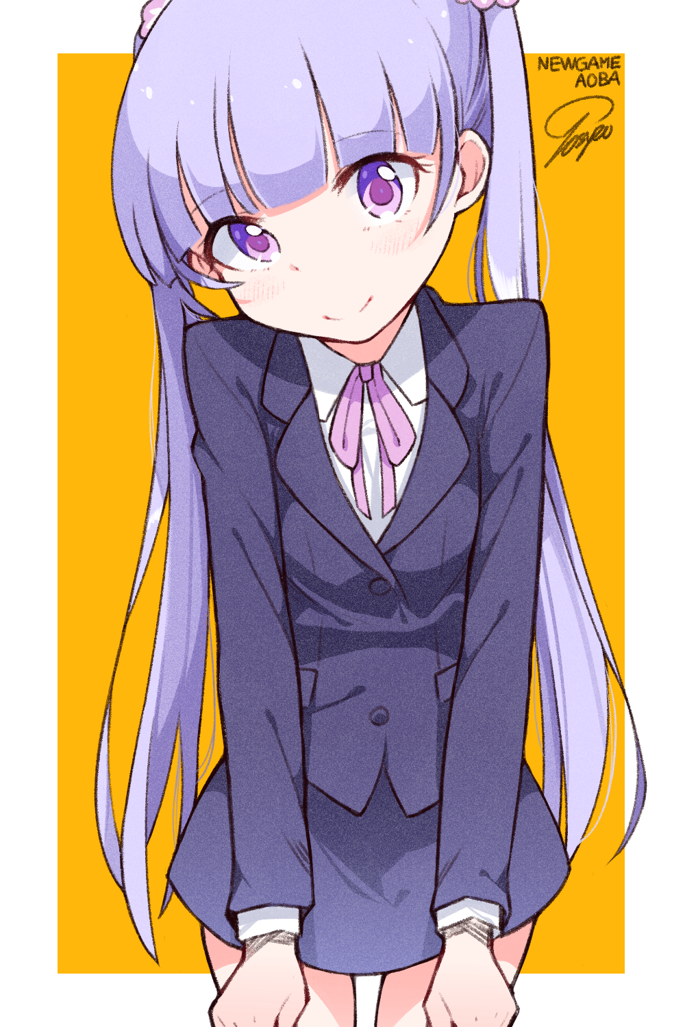 1girl character_name commentary copyright_name cowboy_shot eyebrows_visible_through_hair formal head_tilt highres long_hair looking_at_viewer new_game! purple_hair signature simple_background skirt smile solo suit suzukaze_aoba tosyeo twintails very_long_hair violet_eyes yellow_background
