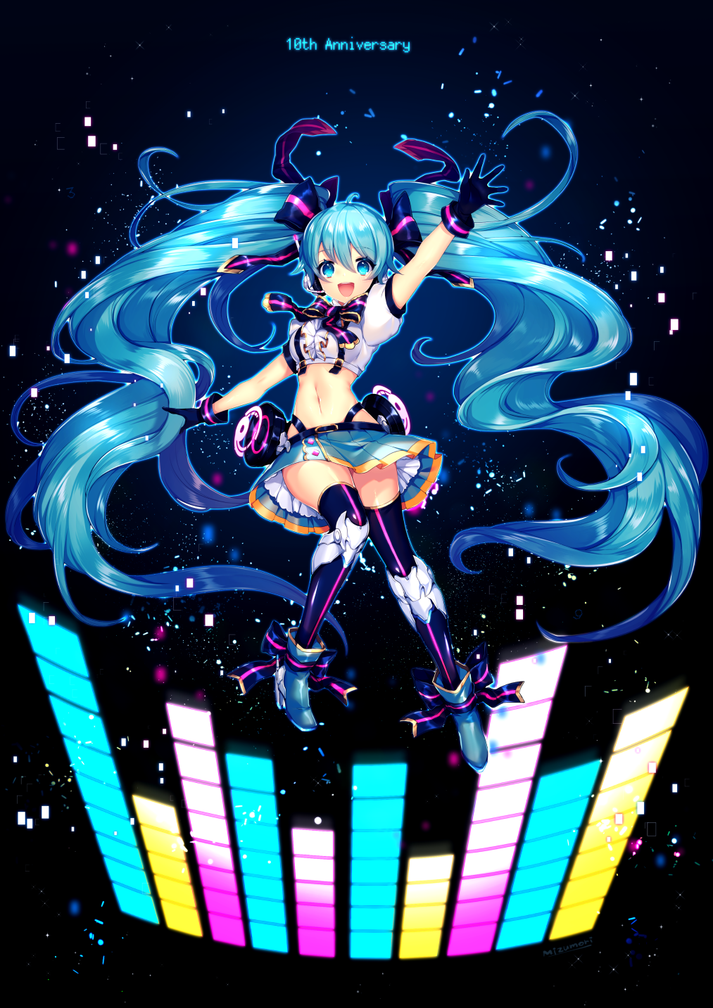 1girl :d absurdly_long_hair anniversary arm_up bangs black_gloves blue_eyes blue_hair eyebrows_visible_through_hair full_body gloves hair_ribbon hatsune_miku highres long_hair looking_at_viewer midriff mizumori_(xcllcx) navel open_mouth outstretched_arms ribbon skirt smile solo thigh-highs twintails very_long_hair vocaloid
