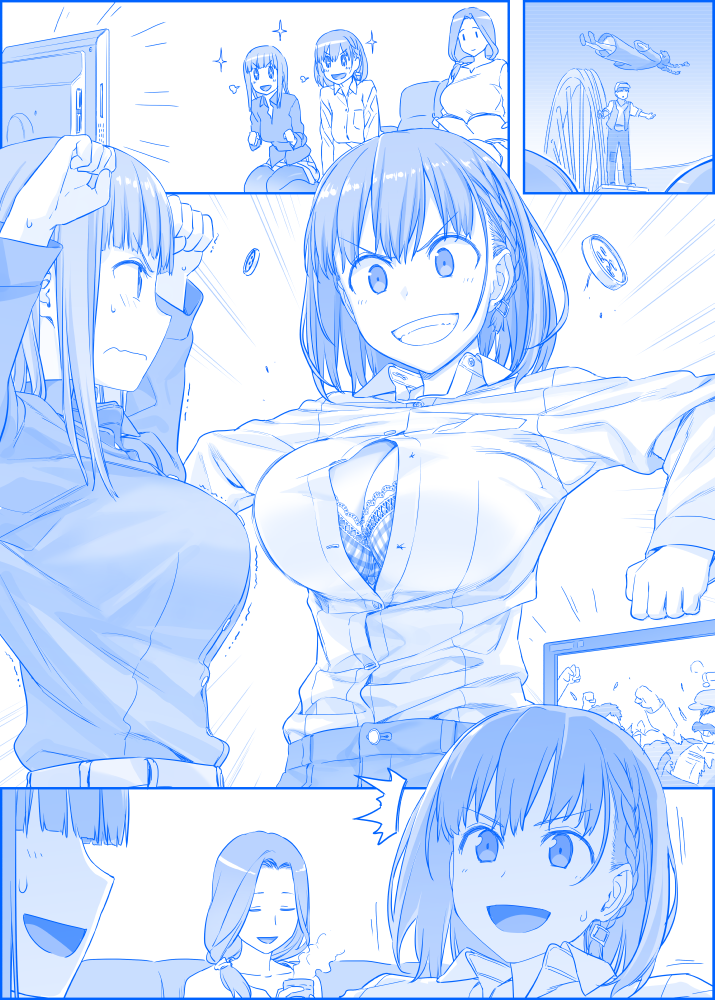 /\/\/\ 3girls :d ai-chan's_mother_(tawawa) ai-chan's_sister_(tawawa) ai-chan_(tawawa) bangs blue blunt_bangs bra braid breasts bursting_breasts cleavage closed_eyes closed_mouth commentary_request french_braid getsuyoubi_no_tawawa grin hair_over_shoulder himura_kiseki large_breasts low_ponytail monochrome multiple_girls open_mouth outstretched_arms parted_bangs plaid plaid_bra popped_button short_hair side_braid smile sparkle sweatdrop tenkuu_no_shiro_laputa trembling underwear wardrobe_malfunction watching_television wavy_mouth