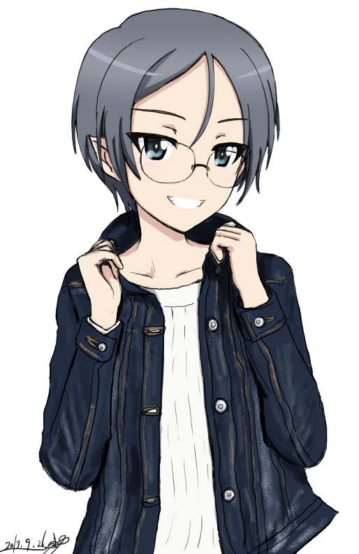 1girl artist_name bangs blue_eyes blue_jacket bukkuri casual character_name dated denim denim_jacket girls_und_panzer glasses grey_hair grin jacket long_sleeves looking_at_viewer open_clothes open_jacket popped_collar rimless_glasses round_glasses rumi_(girls_und_panzer) shirt short_hair signature simple_background smile solo standing upper_body white_background white_shirt