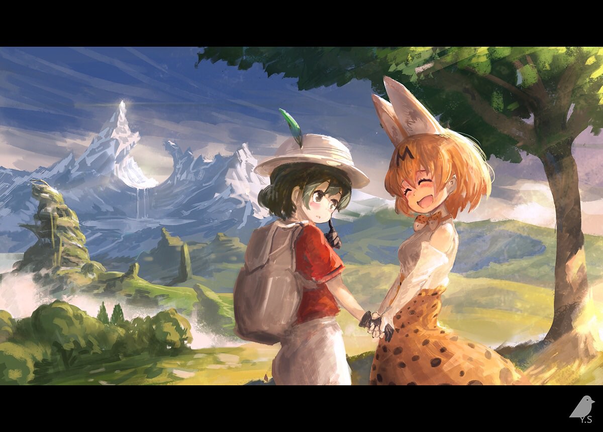 2girls animal_ears bag bucket_hat hat hat_feather kaban_(kemono_friends) kemono_friends multiple_girls scenery serval_(kemono_friends) serval_ears serval_print serval_tail tail you_shimizu