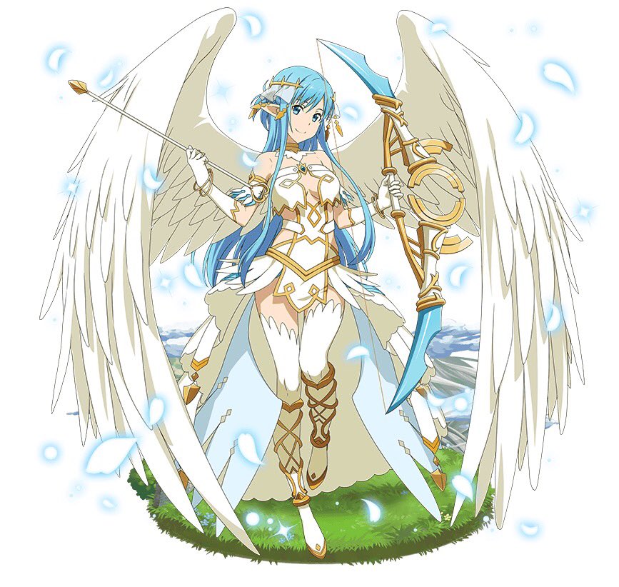 1girl asuna_(sao-alo) blue_eyes blue_hair bow_(weapon) bracelet breasts cleavage dress elbow_gloves feathered_wings full_body gloves hair_ornament head_tilt holding holding_arrow holding_bow_(weapon) holding_weapon jewelry long_hair looking_at_viewer medium_breasts pointy_ears short_dress simple_background sleeveless sleeveless_dress smile solo strapless strapless_dress sword_art_online thigh-highs very_long_hair weapon white_background white_dress white_gloves white_legwear white_wings wings
