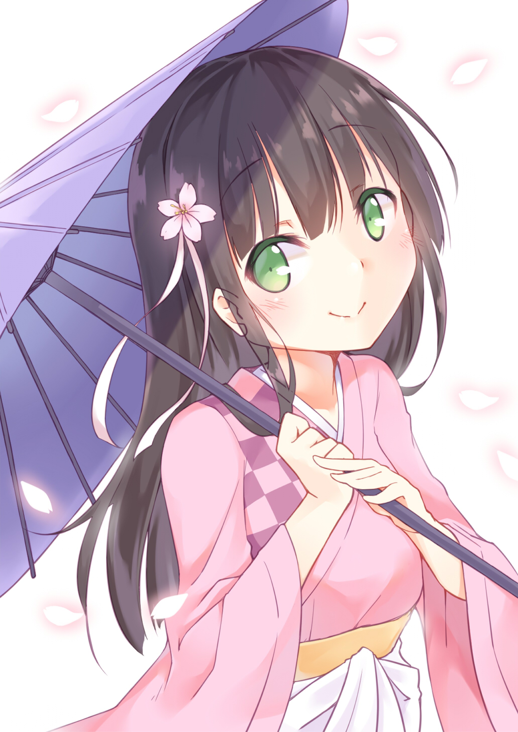 1girl bangs blunt_bangs blush breasts brown_hair chocolate chocolate_hair closed_mouth eyebrows_visible_through_hair flower gochuumon_wa_usagi_desu_ka? green_eyes hair_flower hair_ornament hetareeji highres holding holding_umbrella japanese_clothes kimono long_hair long_sleeves looking_at_viewer obi oriental_umbrella petals pink_kimono purple_umbrella sash small_breasts smile solo ujimatsu_chiya umbrella upper_body white_background wide_sleeves