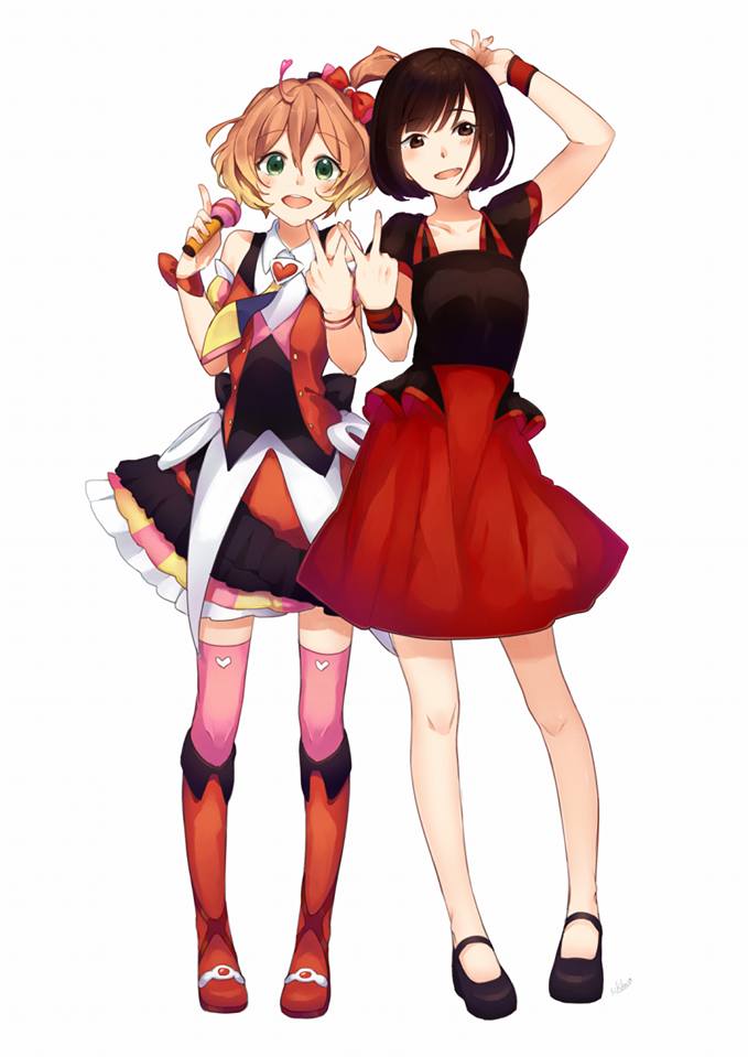 2girls black_hair freyja_wion green_eyes macross macross_delta minori_suzuki multicolored_hair multiple_girls orange_hair seiyuu seiyuu_connection two-tone_hair unknown_artist