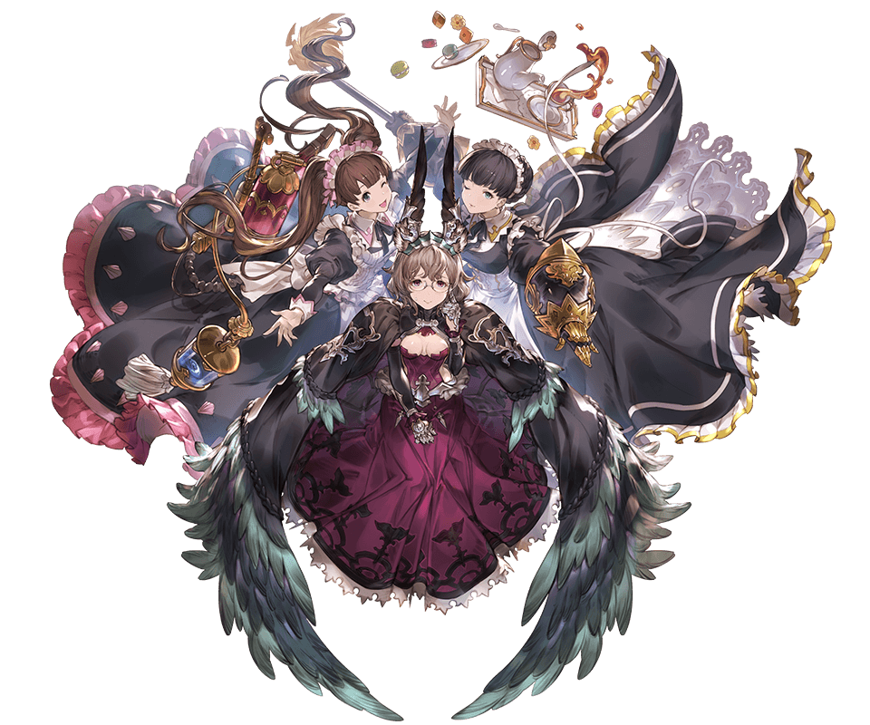 3girls apron boots breasts brown_hair cape claudia_(granblue_fantasy) cleavage constance_(granblue_fantasy) cross-laced_footwear cup dorothy_(granblue_fantasy) dress flamethrower gauntlets glasses granblue_fantasy hair_bun hair_ornament holding juliet_sleeves kneeling lavender_eyes long_hair long_sleeves looking_at_viewer maid maid_apron maid_headdress minaba_hideo multiple_girls official_art one_eye_closed open_mouth pastry puffy_long_sleeves puffy_sleeves short_hair smile teacup teapot thigh-highs transparent_background twintails underbust weapon white_apron white_legwear