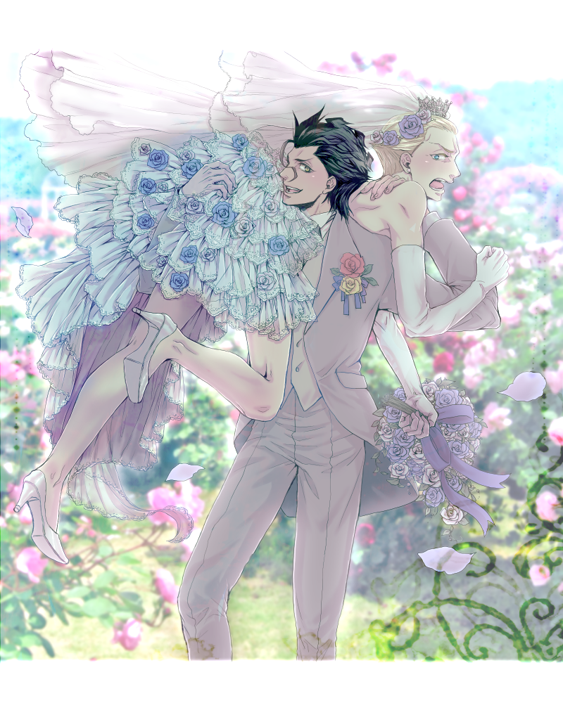 2boys black_hair blonde_hair blue_rose blush bouquet bridal_veil carrying_over_shoulder crossdressinging dress fate/zero fate_(series) flower frilled_dress frills high_heels kayneth_archibald_el-melloi lancer_(fate/zero) male_focus multiple_boys panpanmaru petals rose tuxedo veil wedding