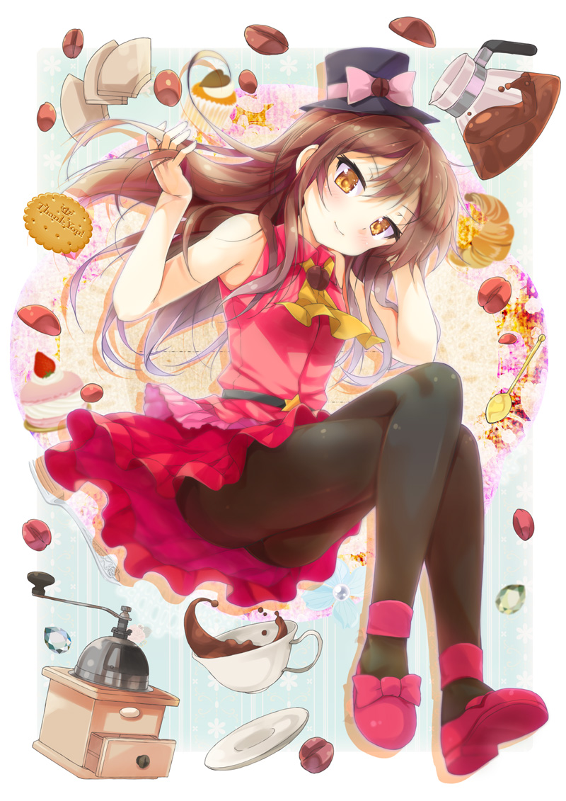 1girl bangs bell blush brown_eyes brown_hair cafe-chan_to_break_time cafe_(cafe-chan_to_break_time) closed_mouth coffee_pot cookie croissant dress food full_body hand_in_hair hands_up hat legs_crossed long_hair looking_at_viewer mini_hat pantyhose pink_dress pink_shoes plate porurin_(do-desho) shoes sidelocks smile solo thighband_pantyhose thighs top_hat tsurime