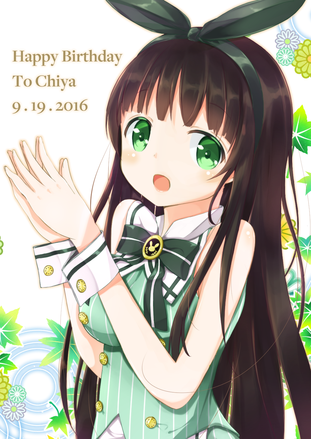 1girl :d bangs bare_shoulders blunt_bangs blush bow bowtie breasts brooch brown_hair character_name chocolate_hair commentary_request dated english eyebrows_visible_through_hair fingers_together flower gochuumon_wa_usagi_desu_ka? green_bow green_bowtie green_eyes green_hairband green_shirt hands_together happy_birthday highres jewelry large_breasts leaf long_hair looking_at_viewer open_mouth shirt sisochair smile solo striped striped_shirt ujimatsu_chiya upper_body vertical-striped_shirt vertical_stripes wrist_cuffs