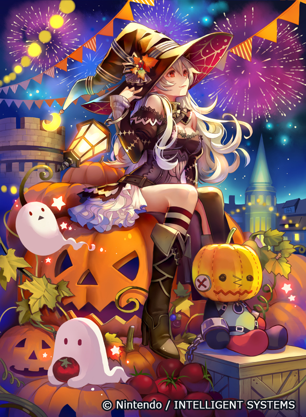 1girl blush boots breasts cape dress female_my_unit_(fire_emblem_if) fire_emblem fire_emblem_cipher fire_emblem_if ghost gloves hairband halloween hat jack-o'-lantern konfuzikokon long_hair moon my_unit_(fire_emblem_if) official_art pointy_ears pumpkin red_eyes smile solo star white_hair witch witch_hat