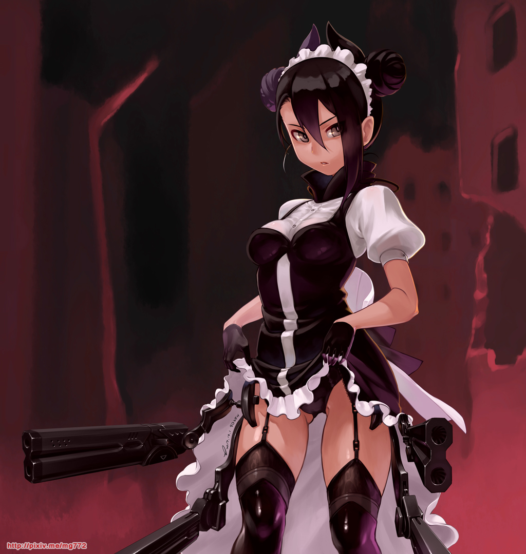 1girl agent_(girls_frontline) asymmetrical_hair black_gloves black_hair black_legwear black_panties breasts commentary_request dated double_bun dress dress_lift frills garter_straps girls_frontline gloves grey_eyes gun hair_between_eyes horns long_hair looking_at_viewer looking_to_the_side maid maid_headdress medium_breasts michitoku panties parted_lips puffy_sleeves sangvis_ferri short_hair skirt solo standing thigh-highs underwear watermark weapon web_address
