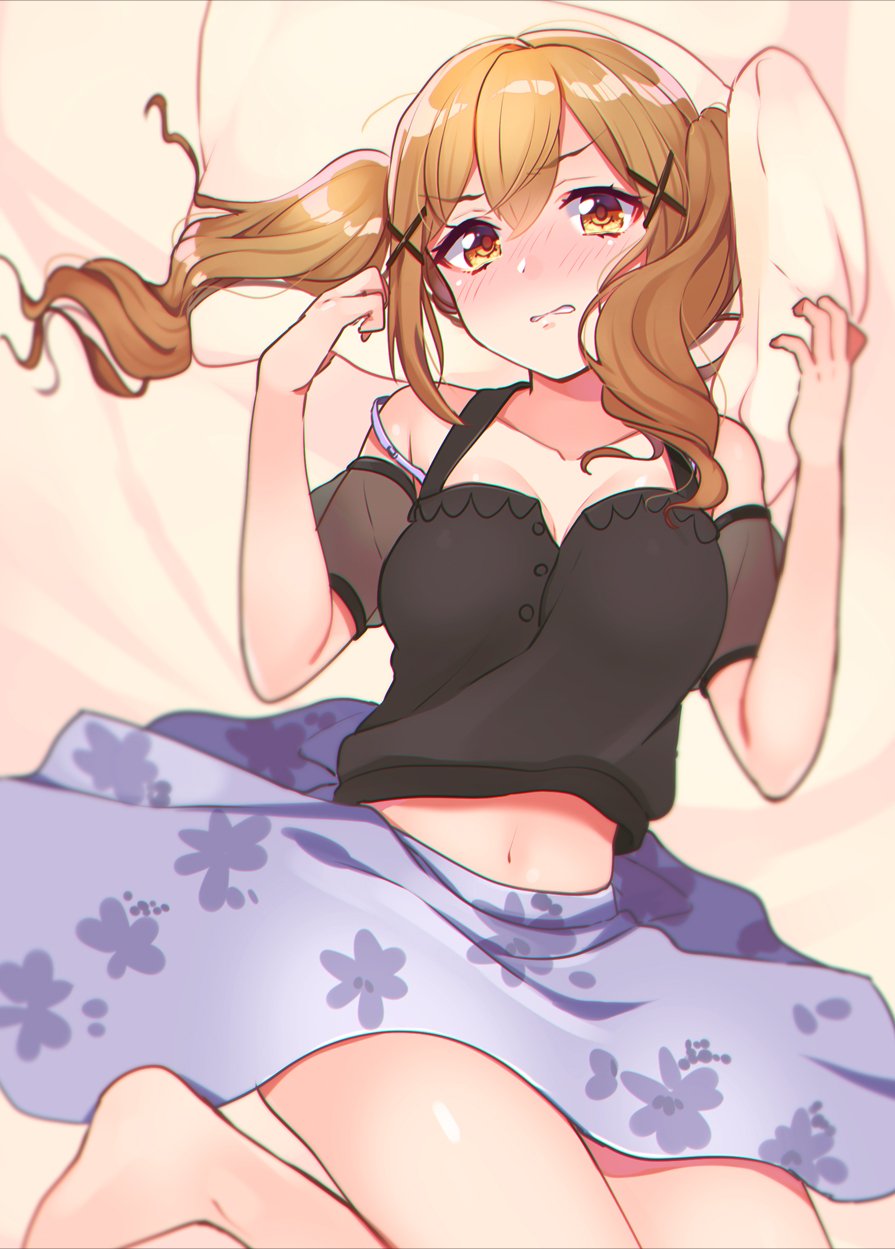 1girl bang_dream! bbbannooo blush breasts brown_eyes brown_hair clenched_teeth commentary_request eyebrows_visible_through_hair hair_ornament highres ichigaya_arisa long_hair looking_at_viewer lying medium_breasts midriff navel pillow pillow_grab solo twintails x_hair_ornament