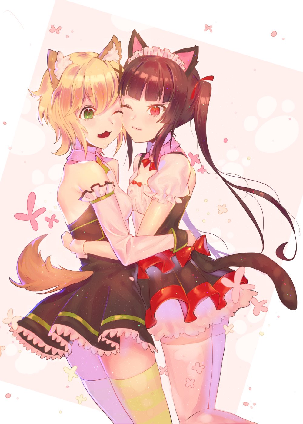 10s 2girls :3 akatsuki_kirika animal_ears bare_shoulders bell black_hair blonde_hair blush bow breasts cat_ears cat_tail commentary_request detached_collar dog_ears dog_tail face-to-face fang frilled_skirt frills green_eyes hair_between_eyes hair_ornament highres hug legs_together long_hair looking_at_another multiple_girls one_eye_closed open_mouth pink_eyes puffy_short_sleeves puffy_sleeves saku_t senki_zesshou_symphogear short_hair short_sleeves skirt smile standing striped striped_legwear tail thigh-highs tsukuyomi_shirabe twintails x_hair_ornament