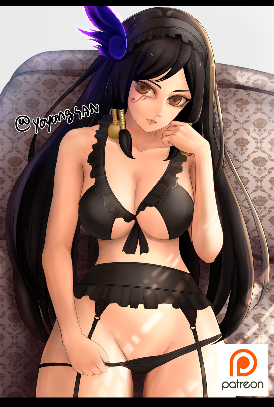 1girl alternate_hair_length alternate_hairstyle black_hair black_panties breasts brown_eyes cleavage collarbone cowboy_shot eye_of_horus facial_mark facial_tattoo frills garter_belt garter_straps groin hair_tubes hairband highres large_breasts lingerie looking_at_viewer midriff on_bed overwatch panties panty_pull parted_lips patreon_logo pharah_(overwatch) solo sunlight tattoo twitter_username underwear underwear_only yoyongsan