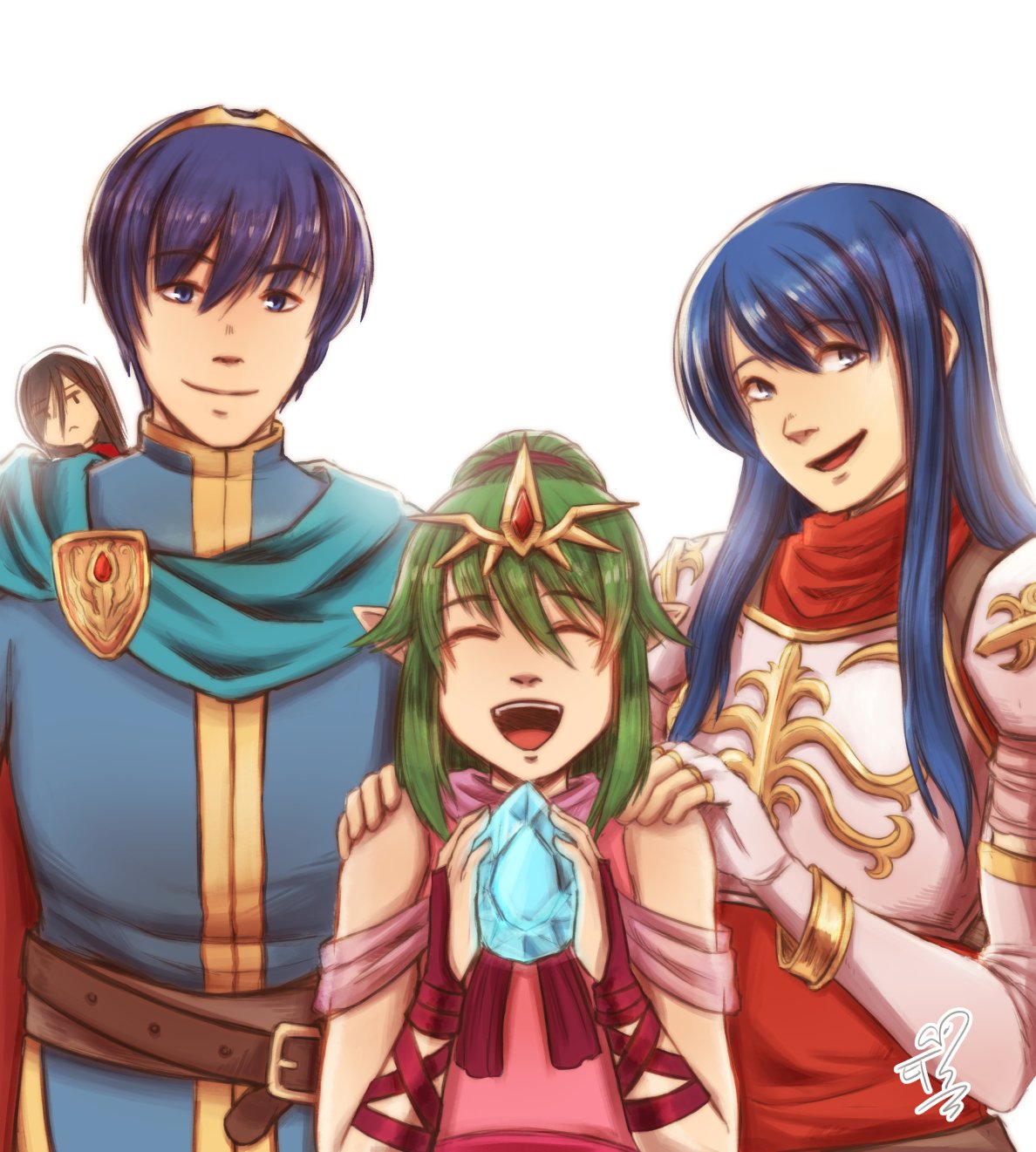 2boys 2girls blue_eyes chiki family fire_emblem fire_emblem:_mystery_of_the_emblem fire_emblem_heroes fire_emblem_musou gloves green_eyes green_hair highres intelligent_systems long_hair looking_at_viewer marth multiple_boys multiple_girls nabarl nintendo open_mouth ponytail sheeda