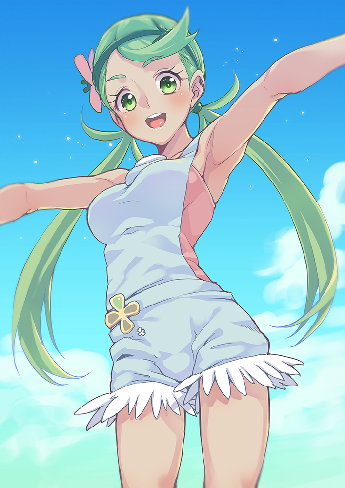 1girl :d armpits bangs blue_sky blush bouzu_(bonze) breasts clouds dark_skin day flower green_eyes green_hair hair_flower hair_ornament looking_at_viewer low_twintails mallow_(pokemon) medium_breasts open_mouth outstretched_arms overalls pink_shirt pokemon pokemon_(game) pokemon_sm shirt sky sleeveless sleeveless_shirt smile solo spread_arms swept_bangs trial_captain twintails
