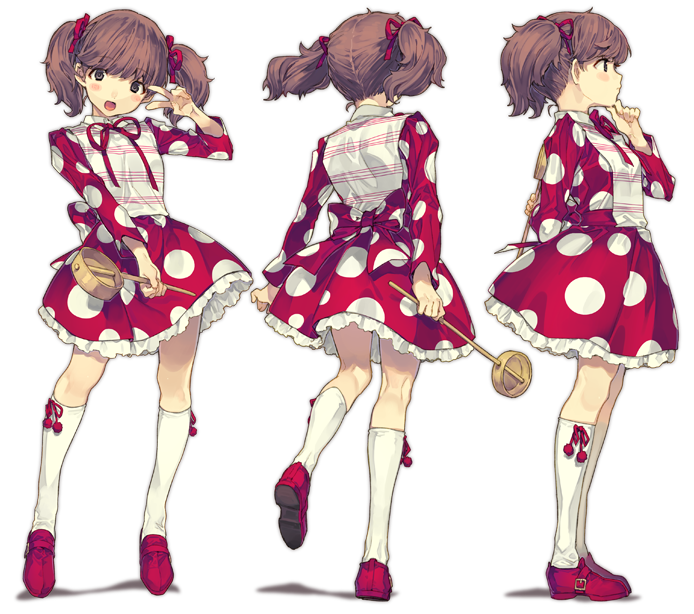 1girl :d arm_behind_back arm_up bangs blunt_bangs blush contrapposto copyright_request dress frilled_dress frills from_behind from_side full_body green_eyes hair_ribbon hand_on_own_chin head_tilt hishaku holding kneehighs legs_apart long_sleeves looking_at_viewer natsu_natsuna open_mouth profile red_dress red_ribbon red_shoes ribbon shoes short_hair smile standing transparent_background twintails v white_legwear