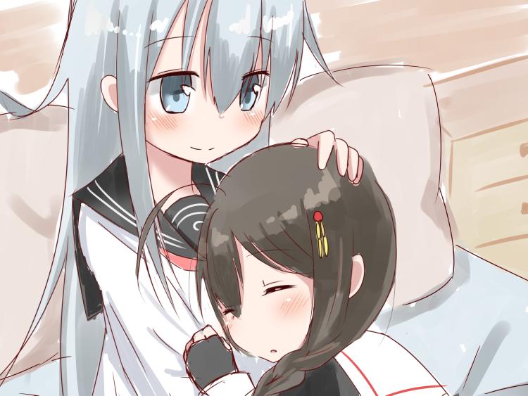 2girls ahoge bed bedroom black_gloves blue_eyes blush braid brown_hair chest_of_drawers closed_eyes fingerless_gloves gloves hair_ornament hand_on_another's_head hibiki_(kantai_collection) holding kantai_collection long_hair mugicha_(mugitya912) multiple_girls neckerchief petting pillow red_neckerchief remodel_(kantai_collection) school_uniform serafuku shigure_(kantai_collection) side_braid silver_hair yuri
