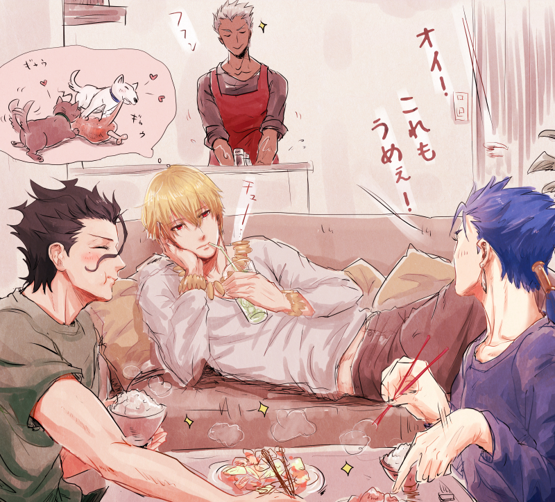 4boys archer black_hair blonde_hair blue_hair blush boned_meat casual chopsticks cooking dark_skin dark_skinned_male dog drinking eating fate/stay_night fate/zero fate_(series) food gilgamesh lancer lancer_(fate/zero) male_focus meat multiple_boys saryo sparkle white_hair