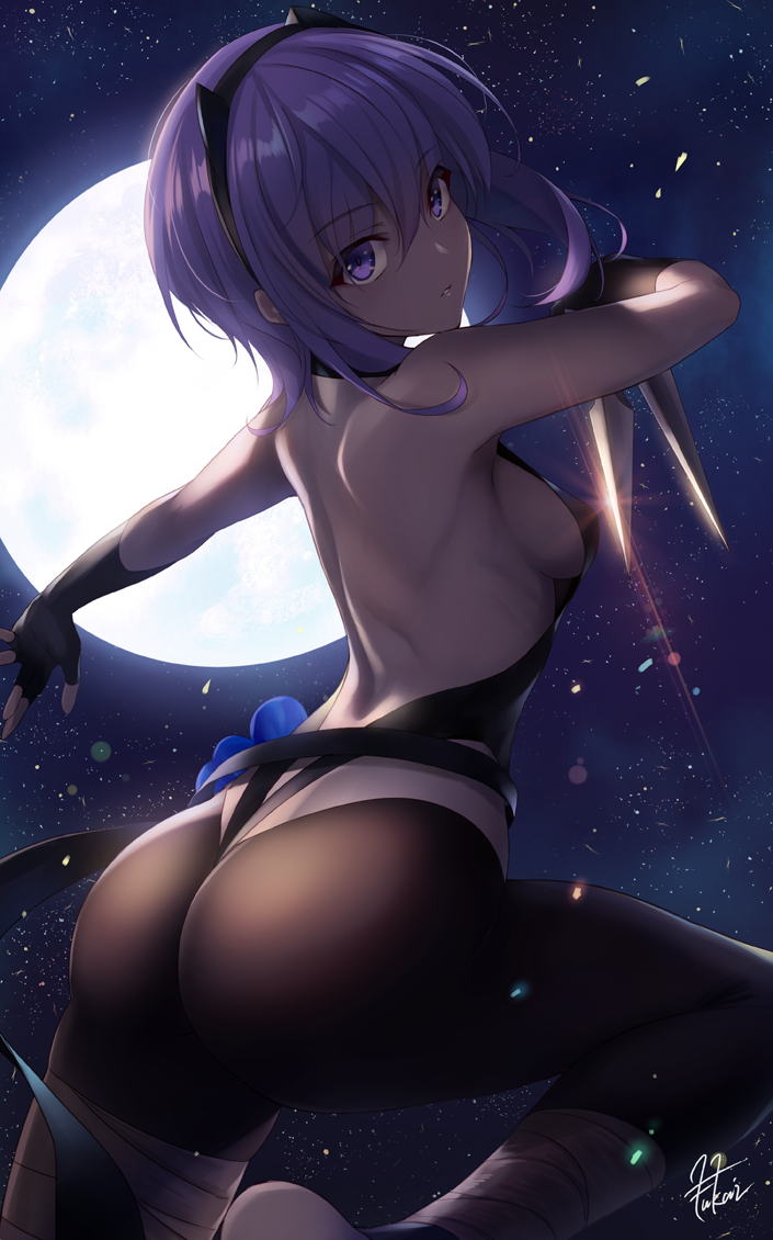 1girl arm_up ass assassin_(fate/prototype_fragments) back backless_outfit backlighting bandage bare_arms bare_back bare_shoulders black_gloves black_hairband black_legwear black_leotard breasts dark_skin elbow_gloves expressionless eyebrows_visible_through_hair fate/prototype fate/prototype:_fragments_of_blue_and_silver fate_(series) foreshortening from_behind fukai_ryousuke full_moon glint gloves hair_between_eyes hairband holding holding_weapon kunai leg_up leotard looking_back medium_breasts moon moonlight night night_sky outdoors outstretched_arm pantyhose parted_lips purple_hair short_hair sideboob signature skin_tight sky solo star_(sky) starry_sky violet_eyes weapon