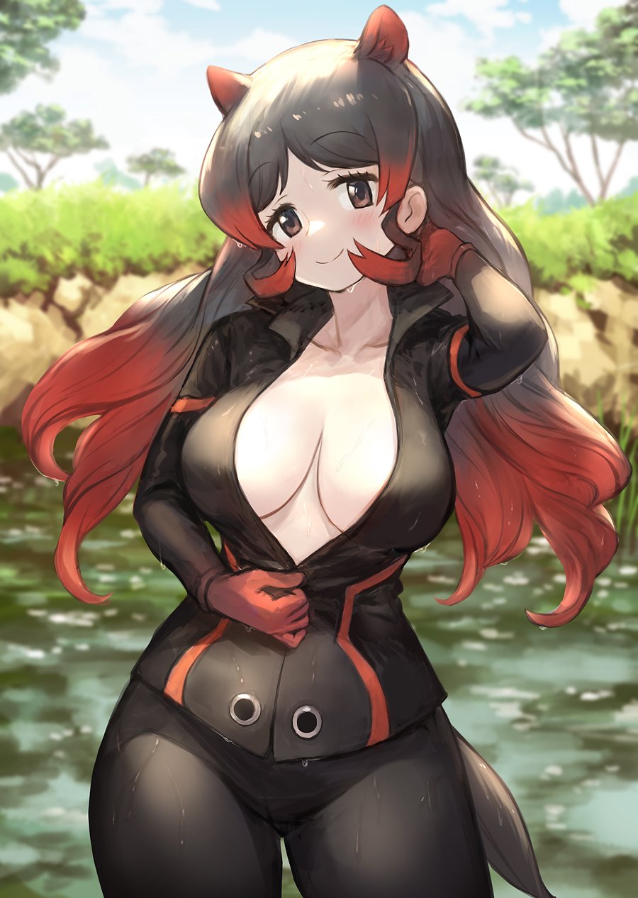 1girl animal_ears bangs black_hair blush breasts brown_eyes catsuit cleavage closed_mouth commentary_request day gloves guchico highres hippopotamus_(kemono_friends) hippopotamus_ears kemono_friends large_breasts long_hair looking_at_viewer multicolored_hair outdoors red_gloves redhead shiny shiny_hair smile solo standing tail tree two-tone_hair wet wet_clothes