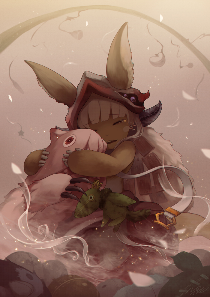 1girl animal_ears artist_name bangs blurry claws closed_eyes commentary_request creature depth_of_field ears_through_headwear eyebrows_visible_through_hair facing_viewer furry helmet horns hug long_hair made_in_abyss mitty_(made_in_abyss) nanachi_(made_in_abyss) noeyebrow_(mauve) open_mouth petals rabbit_ears stuffed_animal stuffed_toy tail tearing_up tears teeth whiskers white_hair