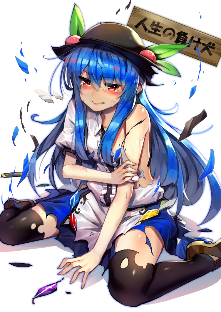 1girl bangs black_hat black_legwear blue_hair blue_skirt blush center_frills commentary_request food fruit full_body hat hinanawi_tenshi long_hair looking_at_viewer peach puffy_short_sleeves puffy_sleeves red_eyes shirt short_sleeves sidelocks sitting skirt solo sukocchi tears thigh-highs torn_clothes torn_shirt torn_skirt torn_thighhighs touhou translation_request wariza white_shirt