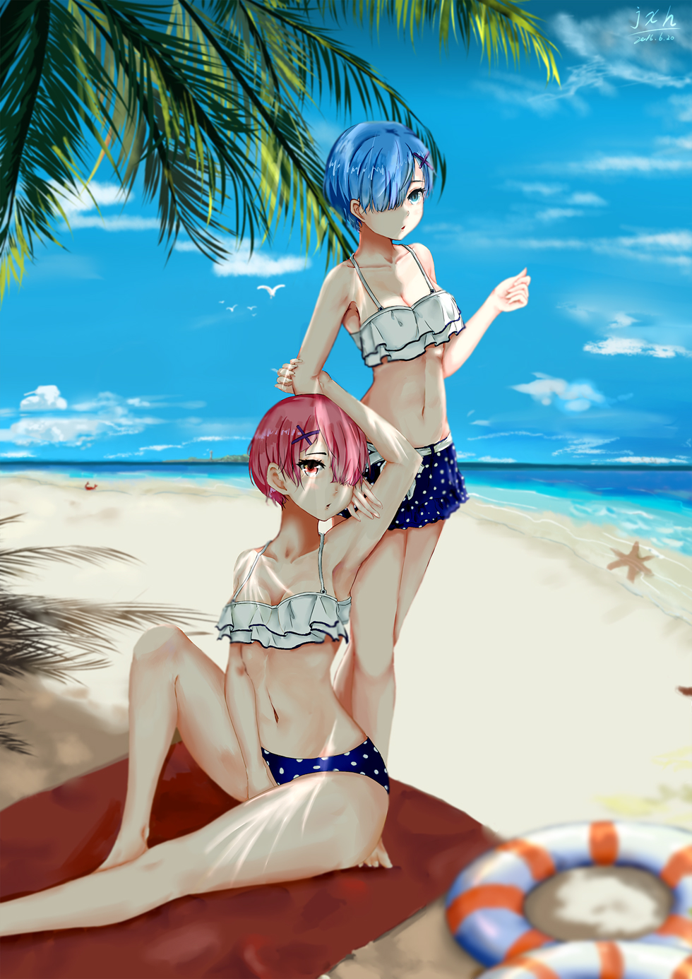 2016 2girls :/ arm_grab arm_up artist_name barefoot beach between_legs blue_eyes blue_hair blurry breasts clouds collarbone commentary_request crab dated depth_of_field hair_ornament hair_over_one_eye hand_between_legs highres innertube j.xh looking_at_viewer medium_breasts multiple_girls navel number parted_lips pink_eyes pink_hair ram_(re:zero) re:zero_kara_hajimeru_isekai_seikatsu rem_(re:zero) short_hair siblings sisters sitting sky standing swimsuit tree twins water x_hair_ornament