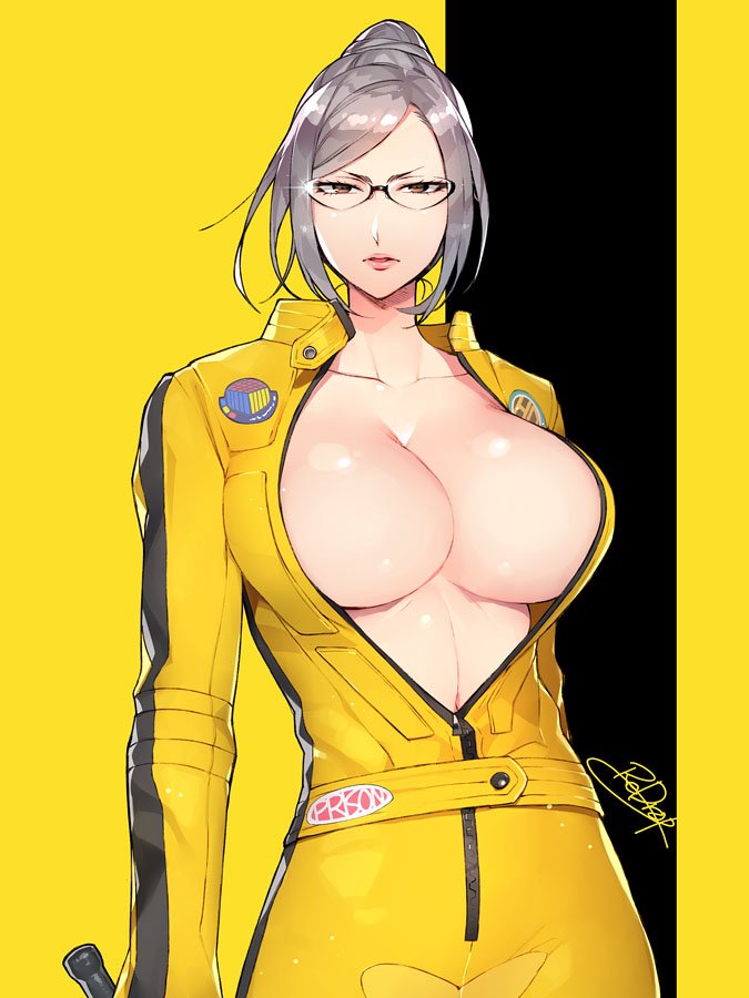10s 1girl arm_at_side bangs beatrix_kiddo beatrix_kiddo_(cosplay) black_background breasts brown_eyes bruce_lee's_jumpsuit cleavage collarbone cosplay hair_bun holding holding_sword holding_weapon kill_bill large_breasts long_sleeves looking_at_viewer neck no_bra open_clothes parody parted_bangs parted_lips pink_lips prison_school redrop shiny shiny_hair shiny_skin shiraki_meiko short_hair signature solo sparkle sword two-tone_background upper_body weapon yellow_background