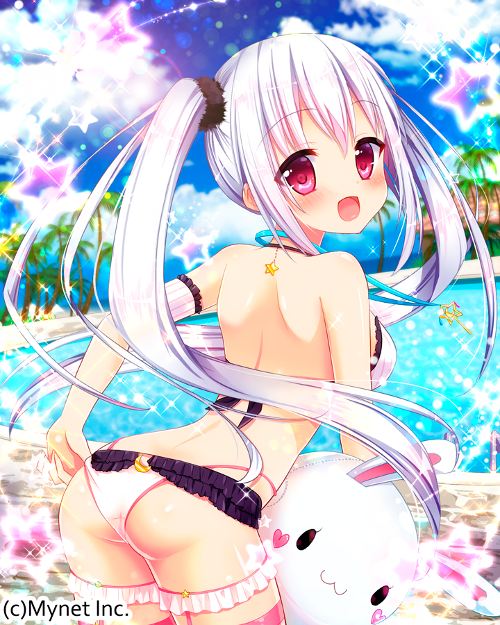 1girl :3 :d adjusting_clothes adjusting_swimsuit aoi_yun armband ass bangs bare_shoulders bikini blue_sky blush breasts clouds commentary_request cowboy_shot crescent day eyebrows_visible_through_hair frilled_armband frills halter_top halterneck heart leaning_forward long_hair looking_at_viewer looking_back medium_breasts official_art open_mouth original outdoors palm_tree pool red_eyes shoulder_blades silver_hair sky smile solo sparkle star striped stuffed_animal stuffed_bunny stuffed_toy swimsuit tareme tree twintails vertical-striped_bikini_top vertical_stripes very_long_hair white_bikini