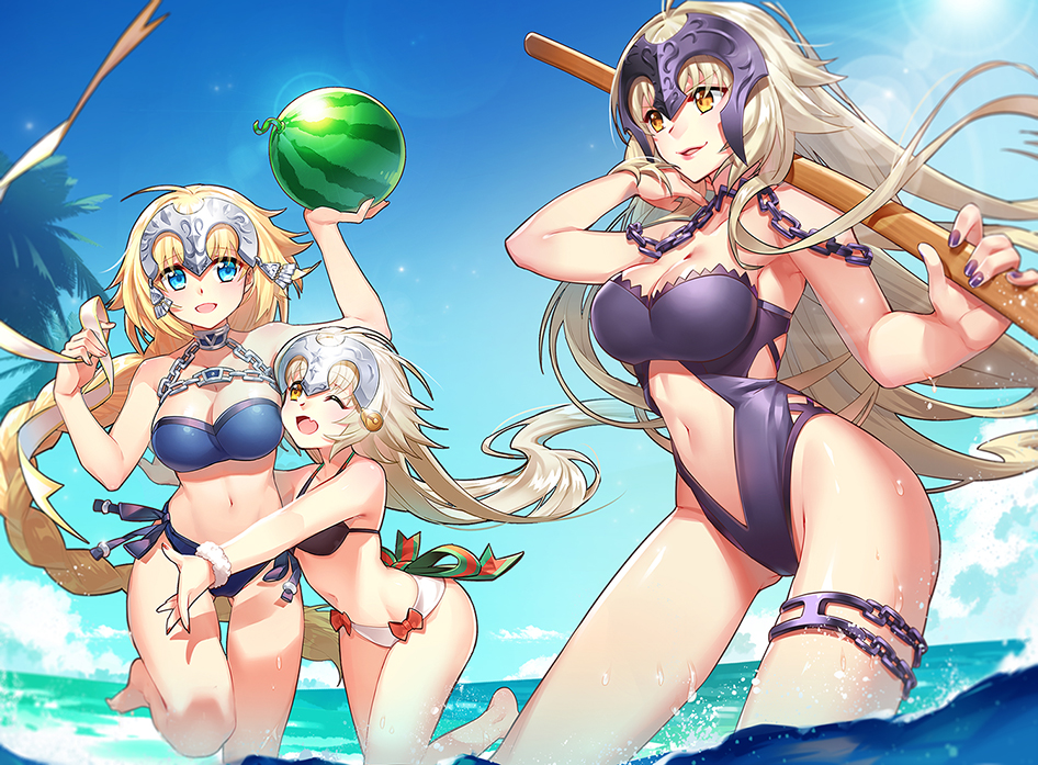 3girls :d bikini blonde_hair blue_eyes bokken breasts chains cleavage fang fate/grand_order fate_(series) food fruit grey_hair headpiece jeanne_alter jeanne_alter_(santa_lily)_(fate) large_breasts long_hair looking_at_viewer midriff multiple_girls nail_polish navel nemovo ocean one-piece_swimsuit one_eye_closed open_mouth partially_submerged purple_nails ribbon ruler_(fate/apocrypha) smile strapless strapless_bikini strapless_swimsuit swimsuit sword thigh_strap very_long_hair water watermelon weapon wooden_sword yellow_eyes