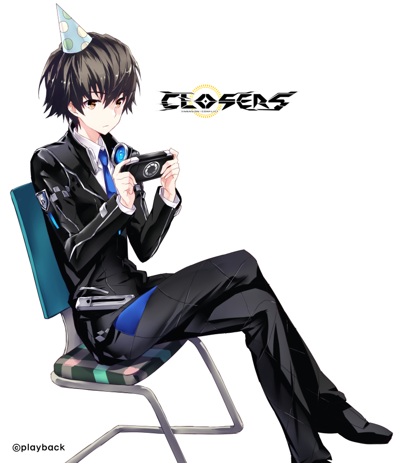 1boy artist_name black_hair blue_neckwear brown_eyes chair closers collared_shirt copyright_name hat necktie party_hat playback playing_games seha_lee shirt sitting solo uniform