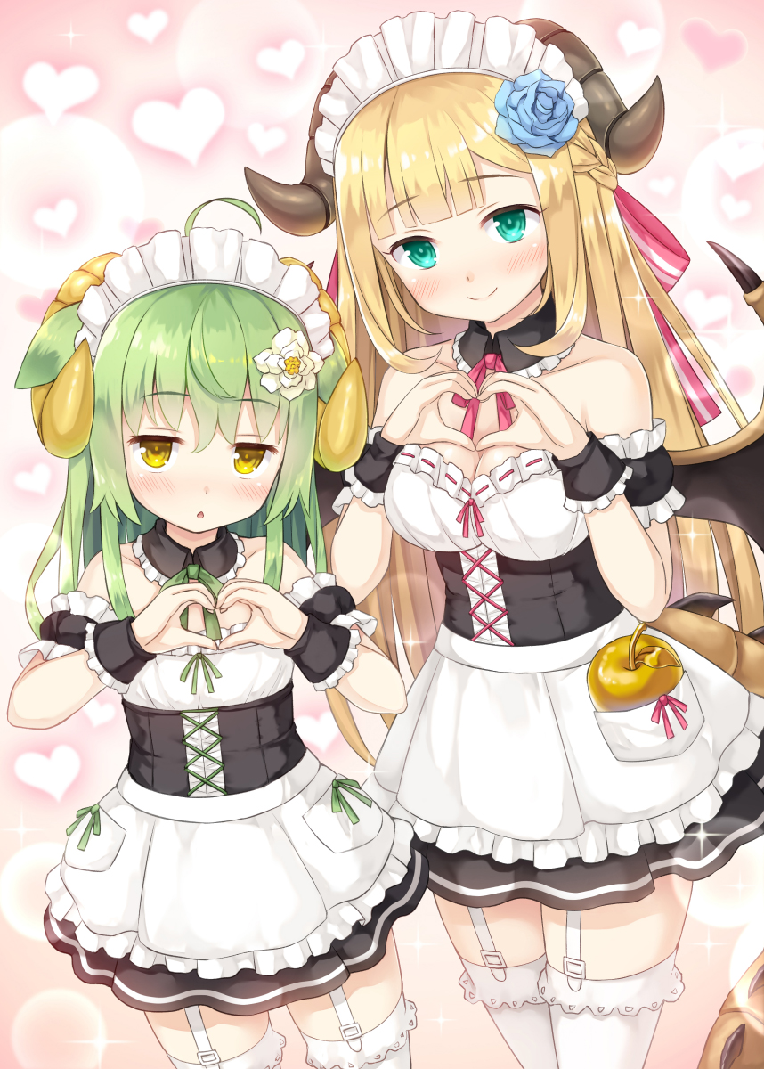 2girls :o ahoge alternate_costume animal_ears apple apron asatsuki_(monmusume-harem) bangs bare_shoulders black_dress blonde_hair blue_flower blunt_bangs blush braid breasts buckle chestnut_mouth cleavage closed_mouth collarbone commentary_request cross-laced_clothes detached_collar dragon_horns dragon_tail dragon_wings dress enmaided eyebrows_visible_through_hair flower food french_braid fruit garter_straps golden_apple green_eyes green_hair green_ribbon hair_between_eyes hair_flower hair_ornament hair_ribbon hands_up head_tilt heart heart_background heart_hands highres horns jitome long_hair looking_at_viewer maid maid_headdress medium_breasts monmusume-harem multiple_girls namaru_(summer_dandy) neck_ribbon official_art pink_background pink_ribbon pocket ribbon sheep_horns shiny shiny_hair short_dress sidelocks smile sparkle standing strapless strapless_dress striped striped_ribbon tail thigh-highs very_long_hair waist_apron white_apron white_flower white_legwear wings wrist_cuffs yellow_eyes