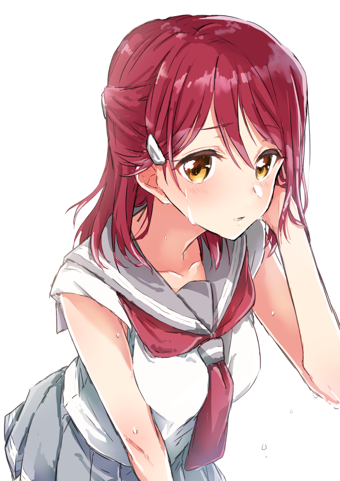 1girl adjusting_hair bare_arms blush breasts eyebrows_visible_through_hair grey_skirt hair_ornament hairclip half_updo hand_in_hair hand_up leaning_forward long_hair looking_at_viewer love_live! love_live!_sunshine!! neckerchief parted_lips pleated_skirt red_neckerchief redhead sahara_(charlotte) sakurauchi_riko school_uniform serafuku shirt short_sleeves skirt sleeveless sleeveless_shirt solo sweat tareme uranohoshi_school_uniform white_shirt yellow_eyes